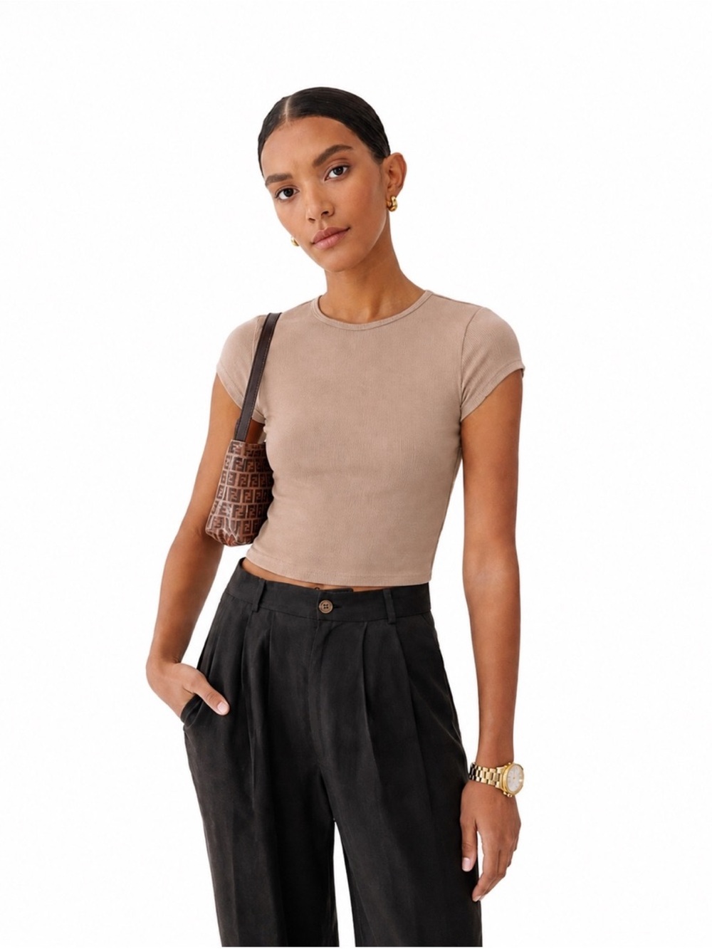 Reformation "Muse" Sand Tan Neutral Ribbed Baby Cropped Tee Shirt - Picture 3 of 16